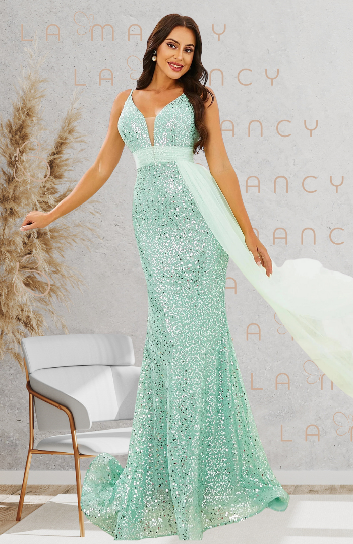 Vestido Longo em  Paetê Aquamarine - DrèssChic