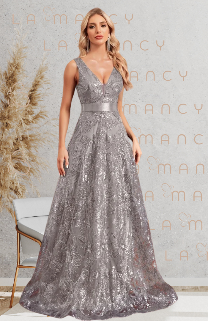 Vestido Longo em Organza e Paetê Silver  - DrèssChics