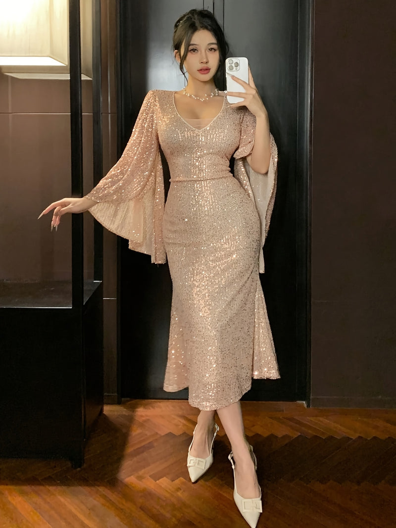 Vestido Elegante Paetê Manga Longa - Nouvel An Éclat®