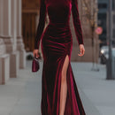 Vestido Longo de Veludo com Manga e Fenda - Serenade Enchantress®