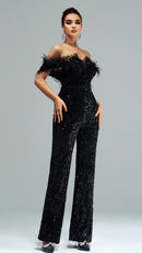 Macacão Sofisticado Plumas e Paetês Noir Plume - SalopetChic®