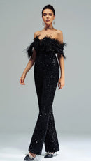 Macacão Sofisticado Plumas e Paetês Noir Plume - SalopetChic®