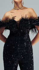 Macacão Sofisticado Plumas e Paetês Noir Plume - SalopetChic®