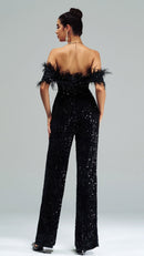 Macacão Sofisticado Plumas e Paetês Noir Plume - SalopetChic®