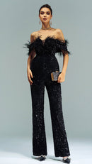 Macacão Sofisticado Plumas e Paetês Noir Plume - SalopetChic®