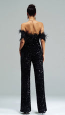 Macacão Sofisticado Plumas e Paetês Noir Plume - SalopetChic®