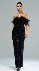 Macacão Sofisticado Plumas e Paetês Noir Plume - SalopetChic®