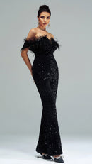 Macacão Sofisticado Plumas e Paetês Noir Plume - SalopetChic®